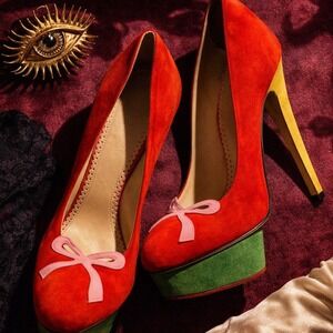 Charlotte Olympia Arabella Colorblock Suede Platform Pumps Red EU 37 US 6.5
